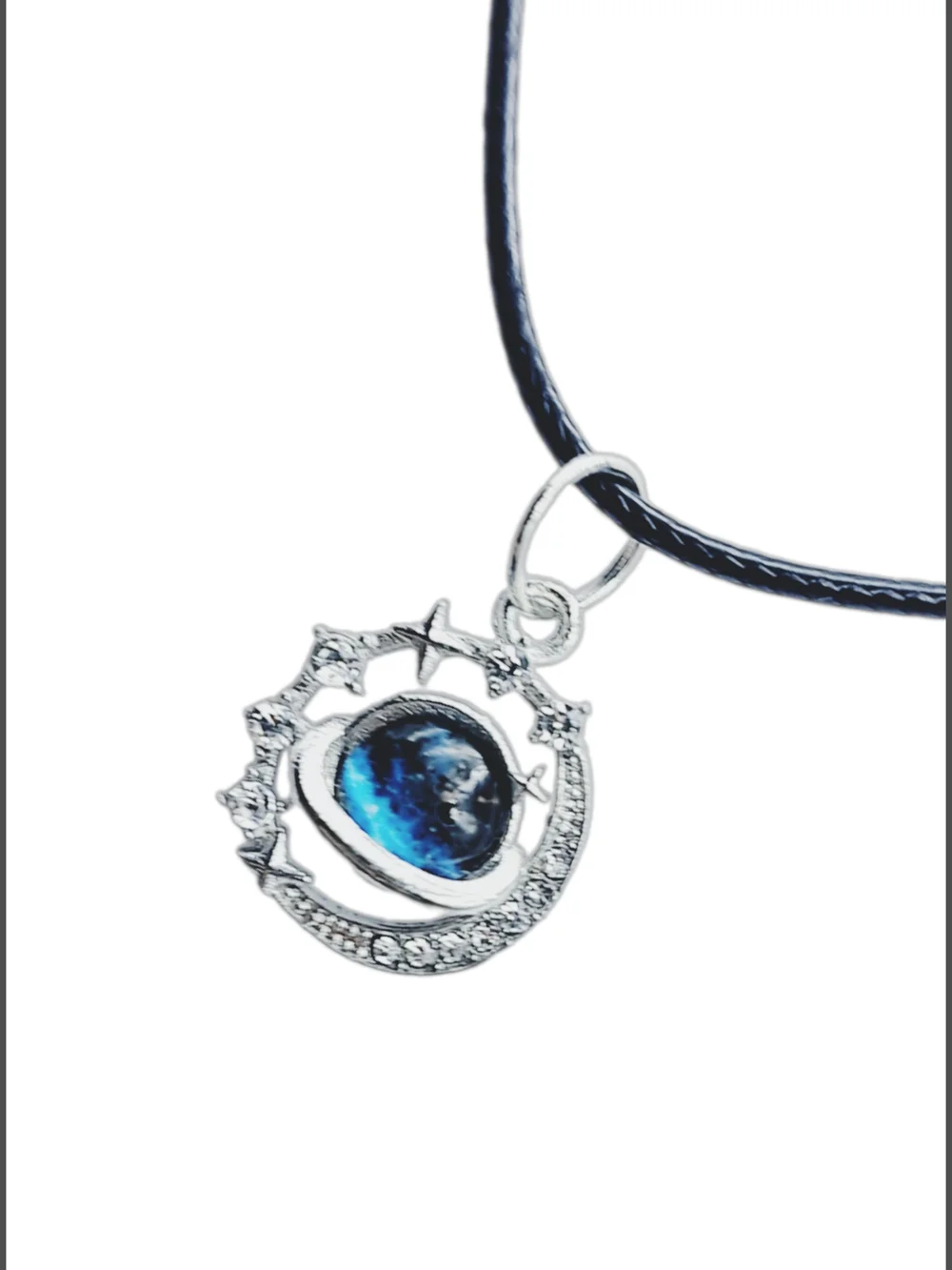 Silver Planet Pendant w/ Blue Glass Orb & Cord Necklace NWOT